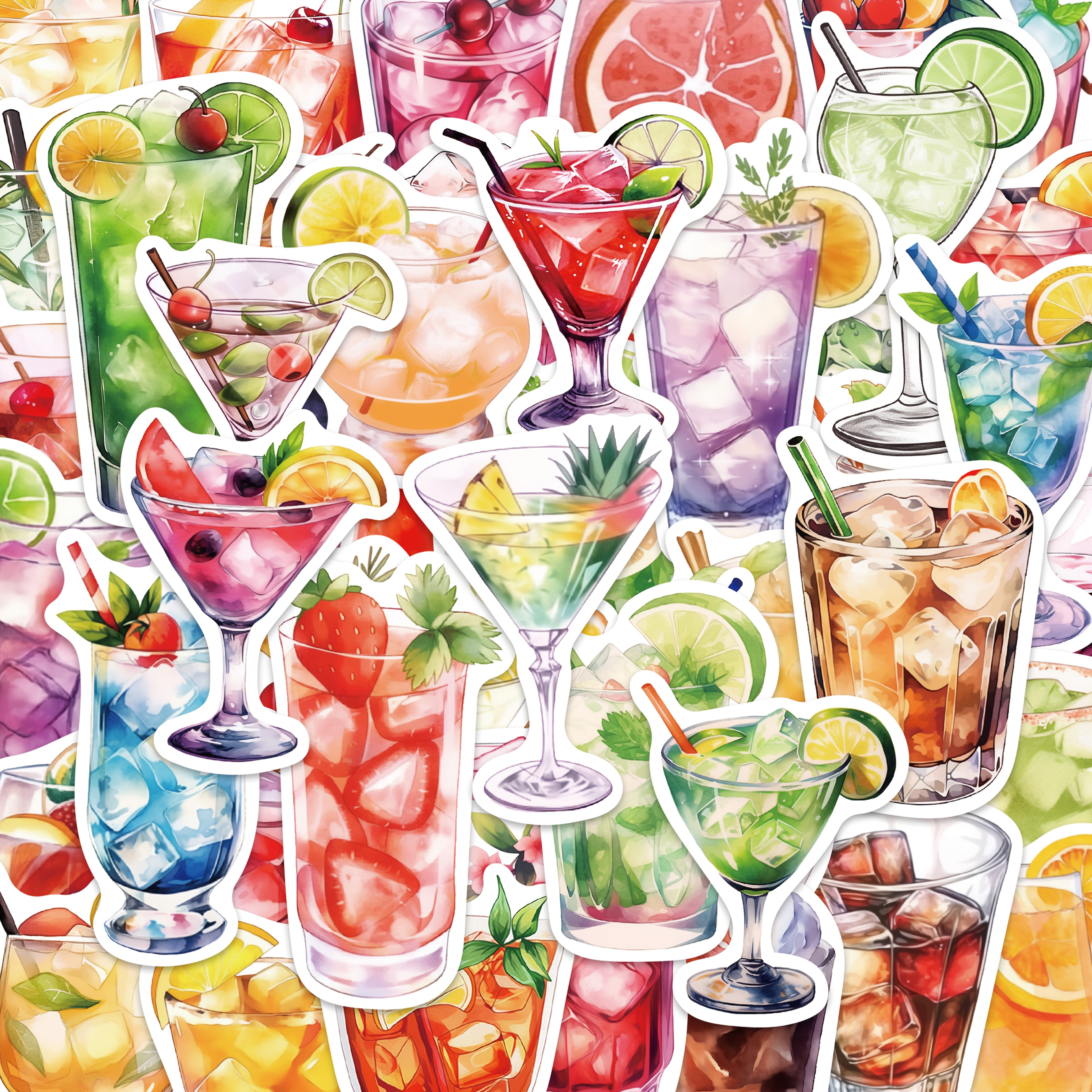 Image of 50-pack Ywwbld Cartoon Cocktail Stickers, Self-adhesive Pvc Decals For Phone Cases, Laptops, Fridges, Luggage, Journals, Envelopes, , Irregular Shapes, Single Use, For Plastic & Glass Surfaces