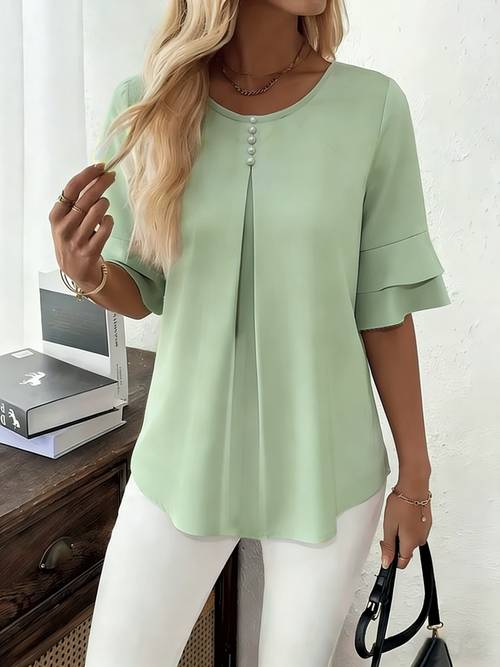 elegante zomerse losse ronde hals button-up shirt uitlopende mouw ruffle top