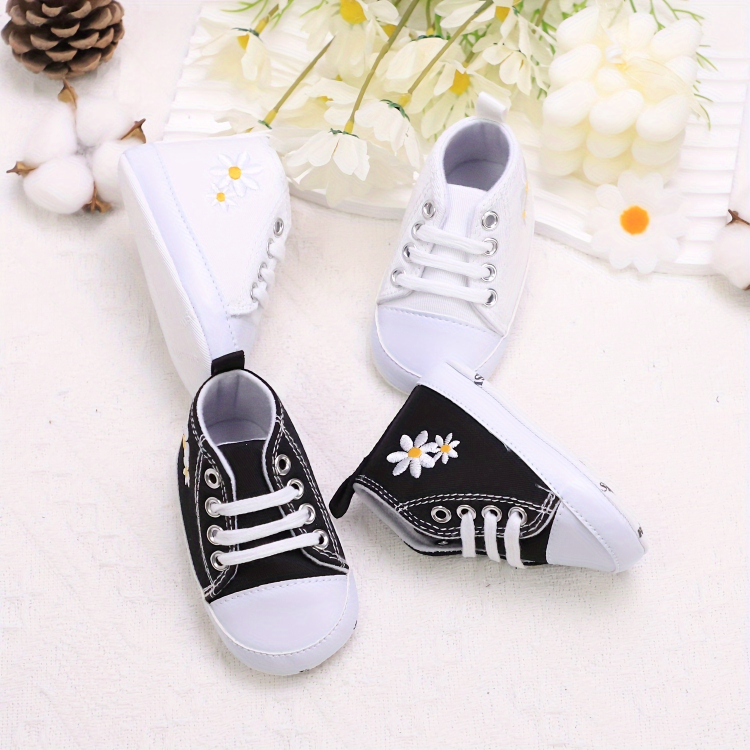 

Trendy Cute Embroidered Daisy Sneakers For Baby Girls, Lightweight Non Slip Shoes For Indoor Outdoor Walking, All Seasons