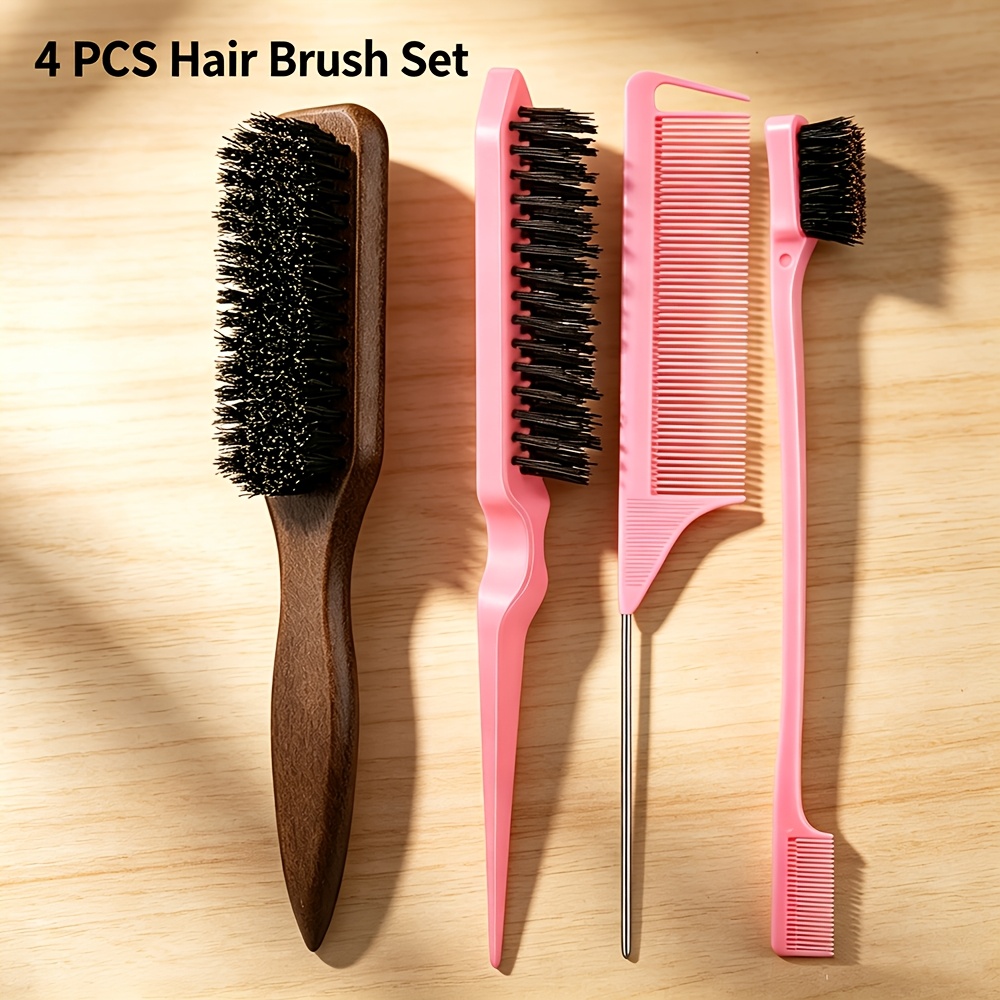 TEMU New 4pcs Slick Back Hair Brush Set, Bristle Edge Control Brush And Teasing Comb And Rat Tail Comb For Smoothing Flyaways, Frizz, Sleek Ponytail