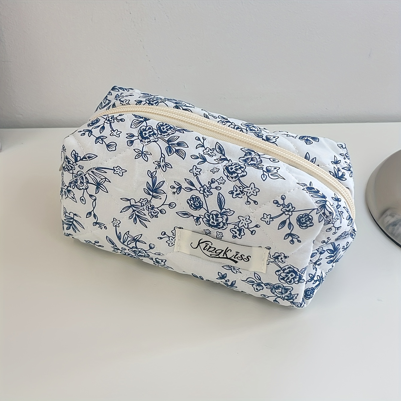 TEMU Beauty case trapuntato con stampa blu, organizer da viaggio con cerniera, beauty case portatile di grande capacit�, pu簷 contenere rossetti,