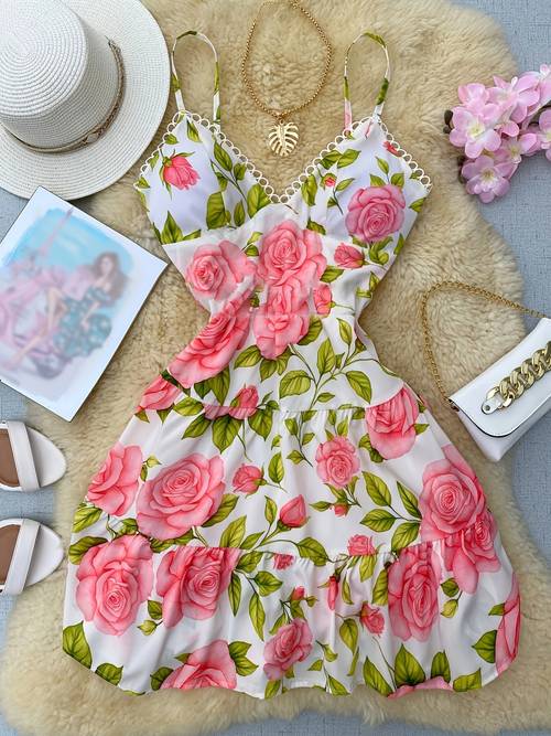 a new stylish and elegant womens floral print v neck layered pleated waist cinching lace short camisole dress vacations and valentines day dates