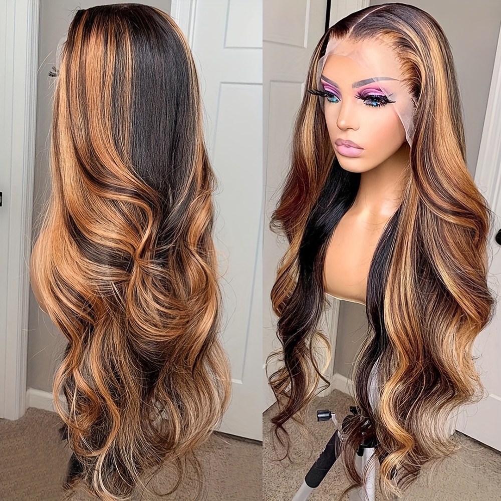 TEMU Brown Highlight Lace Front Wig 13*4 Inch Body Wave Synthetic Lace Front Wigs For Women Long Glueless Wigs For Daily Party Use