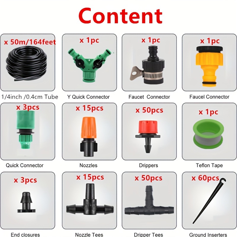30m/50m Garden Irrigation Watering Kit 8-hole Red Cap Adjustable Flow Dripper Orange Adjustable Atomizing Nozzle Dual-use Gardening Watering Tool With 1/4 Inch Tubing Potted Plants Flowers Irrigation