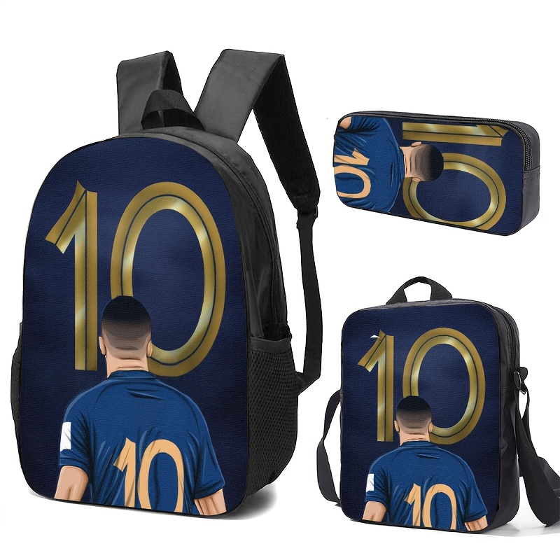 TEMU Un ensemble bleu foncé avec le doré et une impression de silhouette de , comprenant un sac à dos, un porte-crayons et un sac fourre-tout.