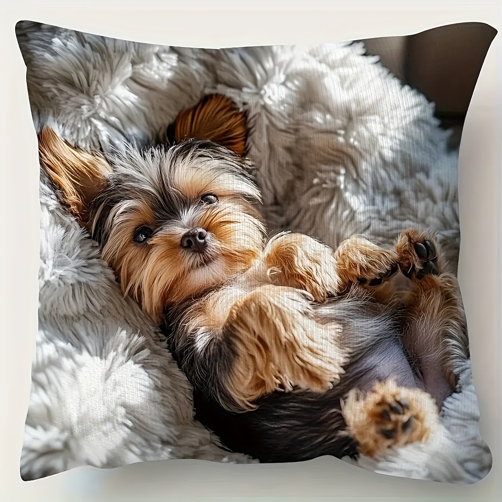 E-shop Ein niedliches Yorkshire Terrier Plüsch Kissenbezug - Hergestellt aus weichem Polyester Samt, mit Reißverschluss, maschinenwaschbar - Moderne