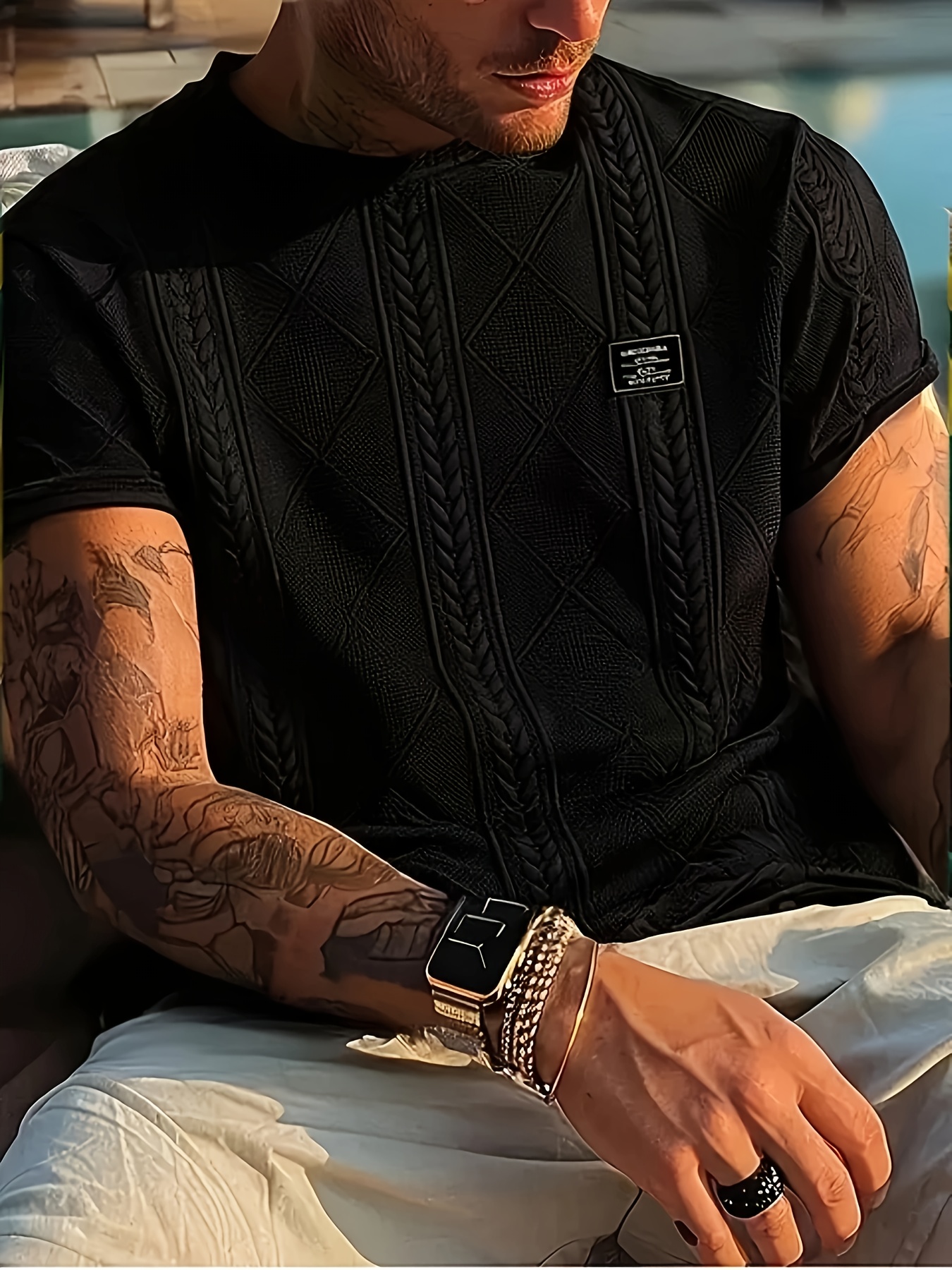 Men'S Plus Size Agyle Print Short Sleeve Shirt - Casual Crew Neck, Lightweight Fabric, Ideal for Outdoor Activities, Great Gift for Family, PLUS SIZE