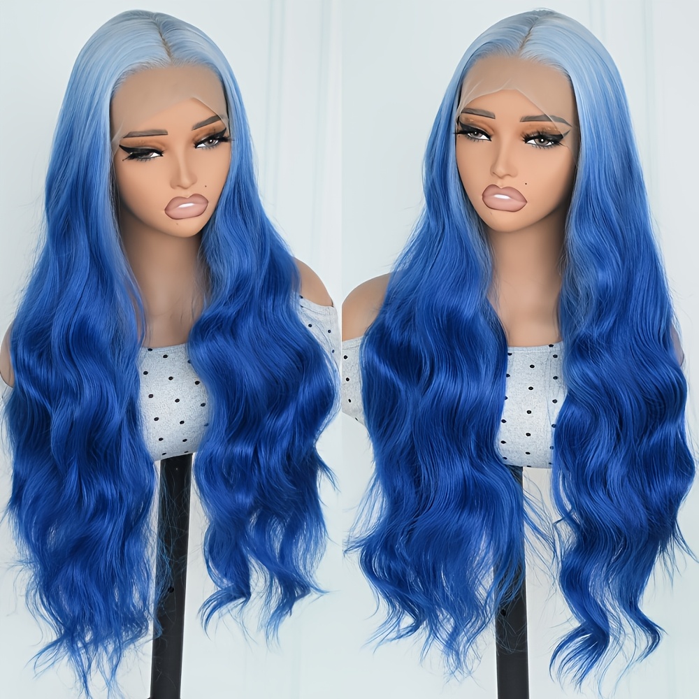 Image of Ombre Blue Color Synthetic Lace Front Wig Body Wave 13x4 Hd Lace Front 26 Inch Long Wavy Heat Resistant Fiber Hairline Glueless Replacement Wig For Fashion Women Halloween Wear Density