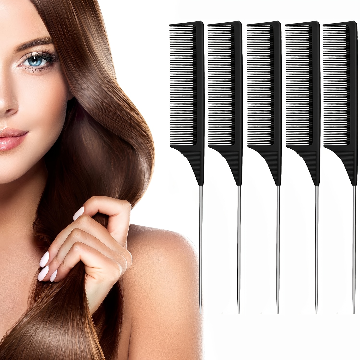 TEMU 5 Packs Rat Tail Comb Steel Pin Rat Tail Carbon Resistant Teasing Combs With Stainless Steel Pintail, Hair Rat Tail Combs Set, Parting Rattail,