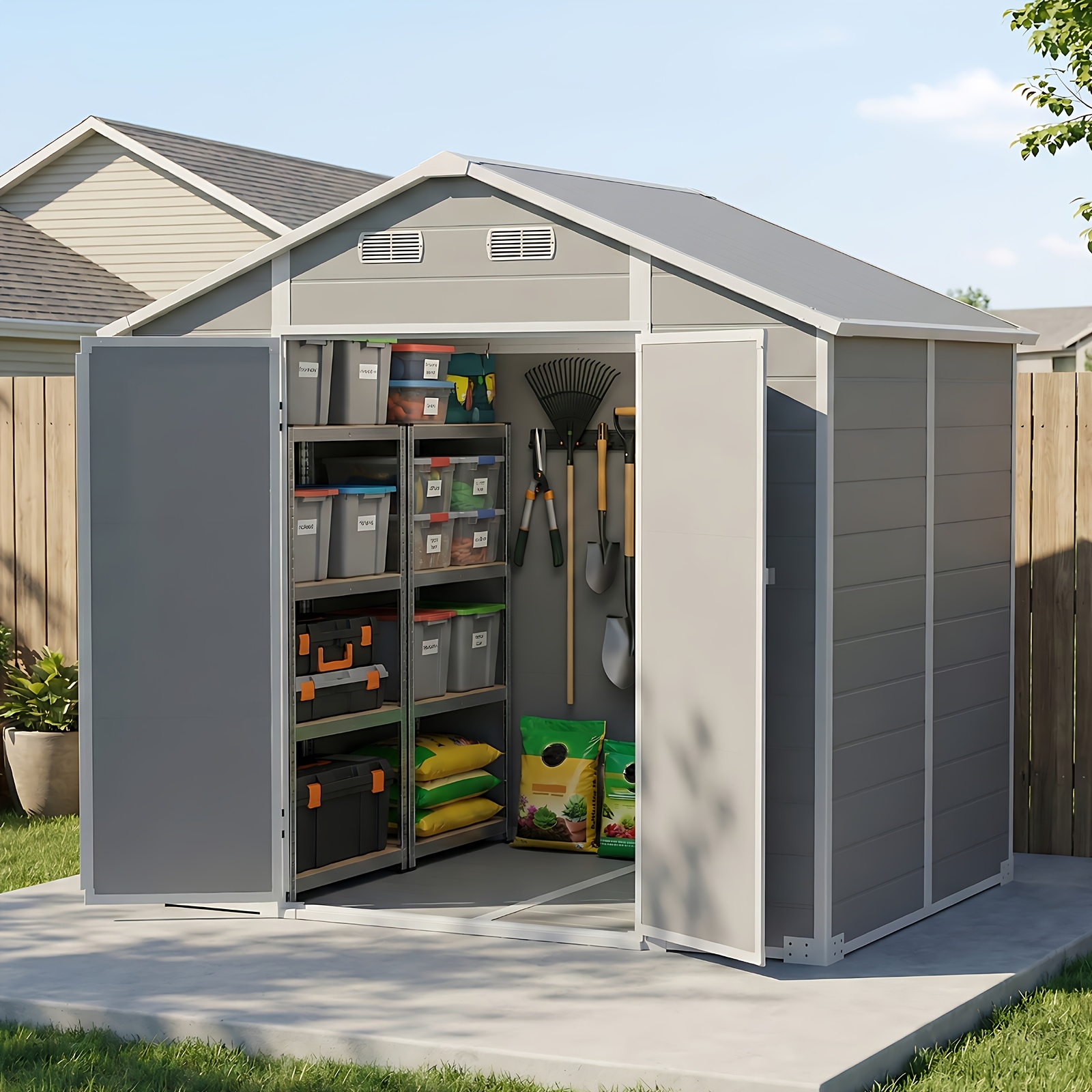 8 6 6 4 5 3ft resin storage shed outdoor storage shed with sloped   rain holes made from high quality pp material durable structure 12mm thick pp boardoutdoor storage with a lockable door for backyard garden organizing tools gray