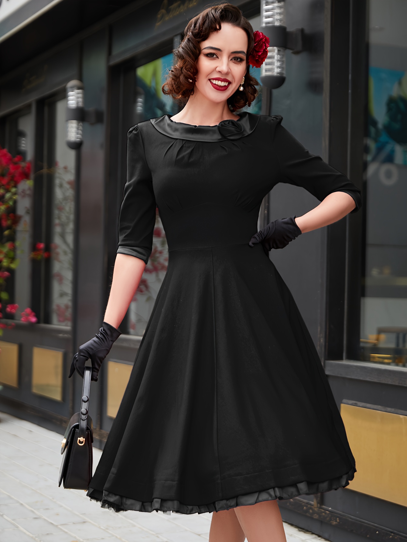 robe vintage années 1950 a line manches 3/4 col rond jupe Temu