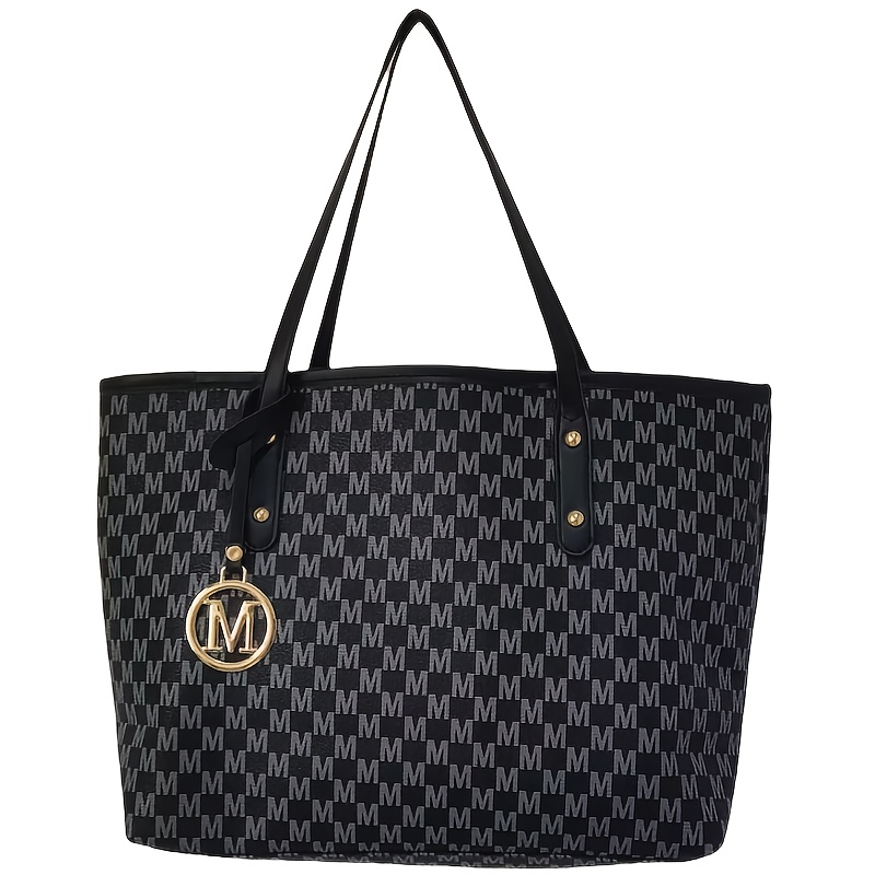 Image of Women's Fashion Vintage Style Letter Print Large Capacity Tote Bag With Fixed Shoulder Strap, Perfect For Daily Use And Work Commutes