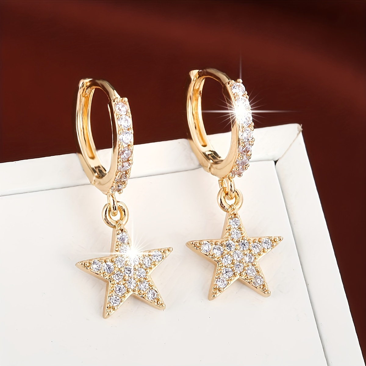 

1 Pair Of Elegant Golden-tone Star Drop Earrings With Sparkling Cubic Zirconia - Chic & Simple Women' Accessory, Ideal For Vacations & Parties, Quirky Earrings