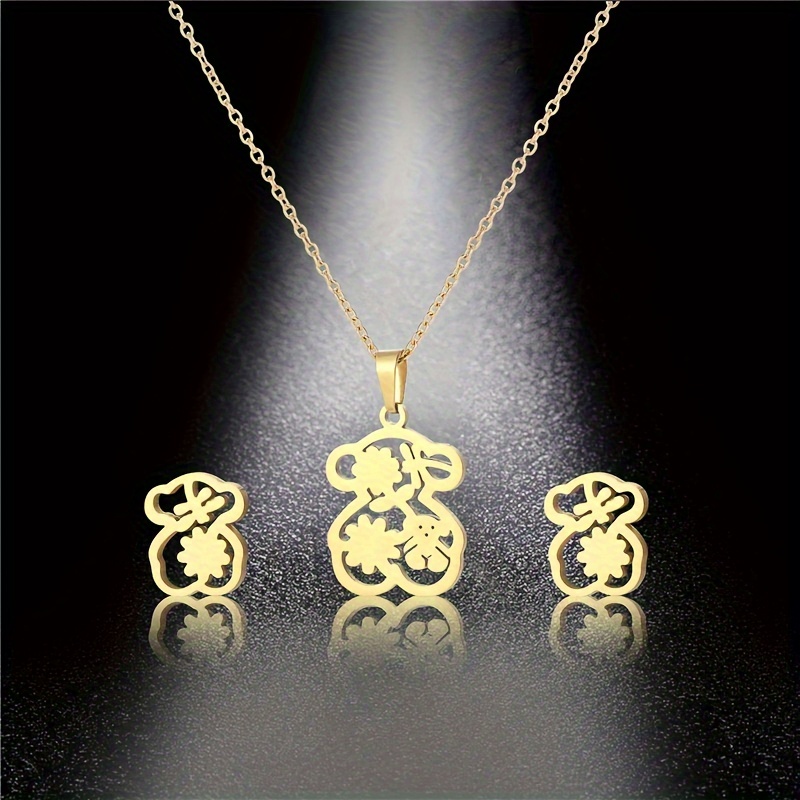 

Stud Earrings + Necklace Chic Jewelry Set Made Of Stainless Steel Bear & Flower Design Golden Or Silvery Match Daily Outfits Party Decor