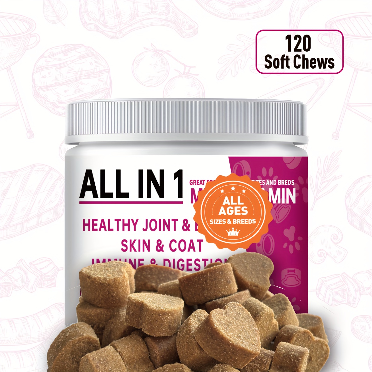TEMU Multivitamins For Dogs, Digestive Health, Joint, Hip, Skin And With Probiotics, Enzymes, Dog Supplement 120 Chews