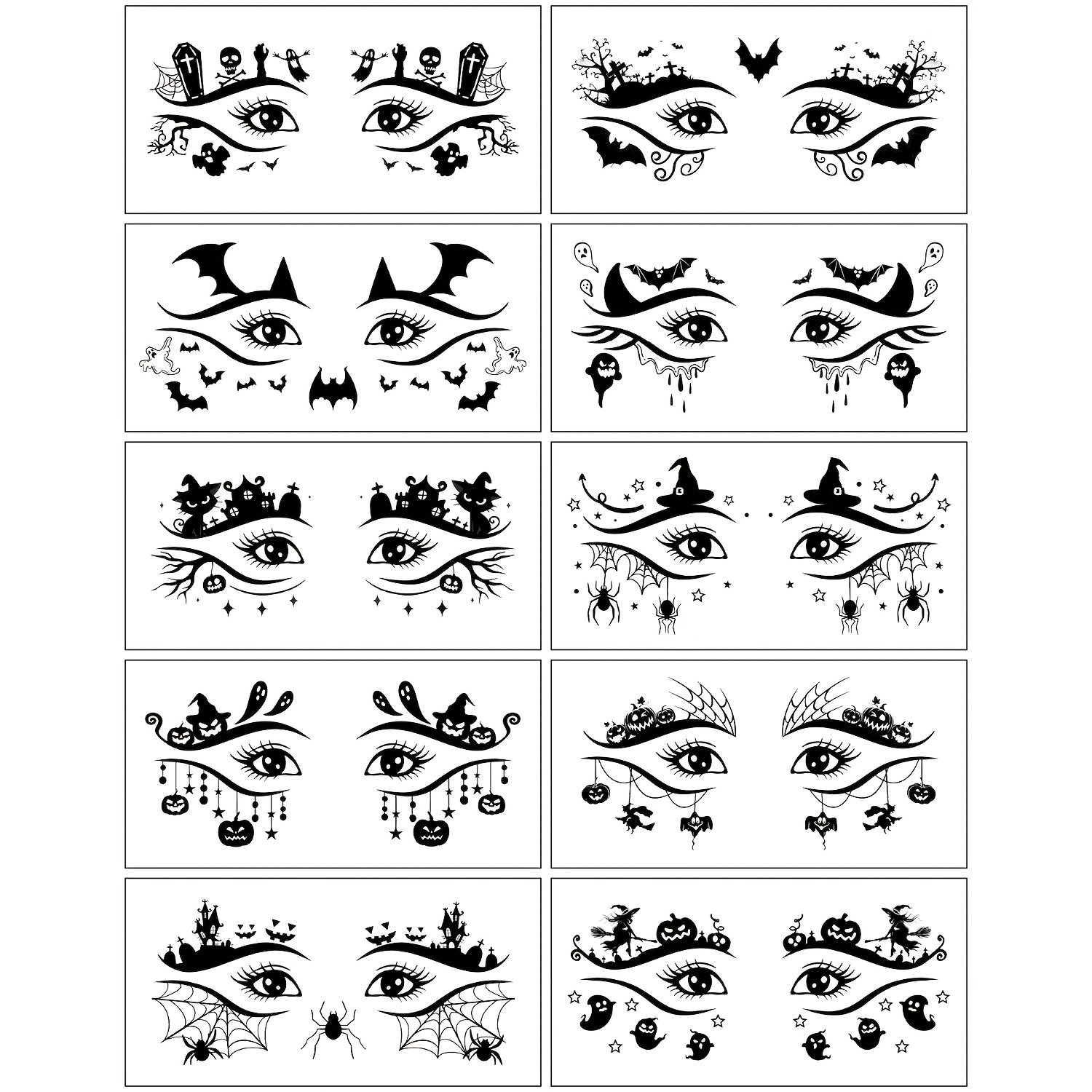 TEMU 10 Sheets Halloween Eye Temporary Tattoo Stickers, Black Pumpkin Cat Bat Web Designs, Waterproof Party Eye Makeup Fake Tattoo Stickers