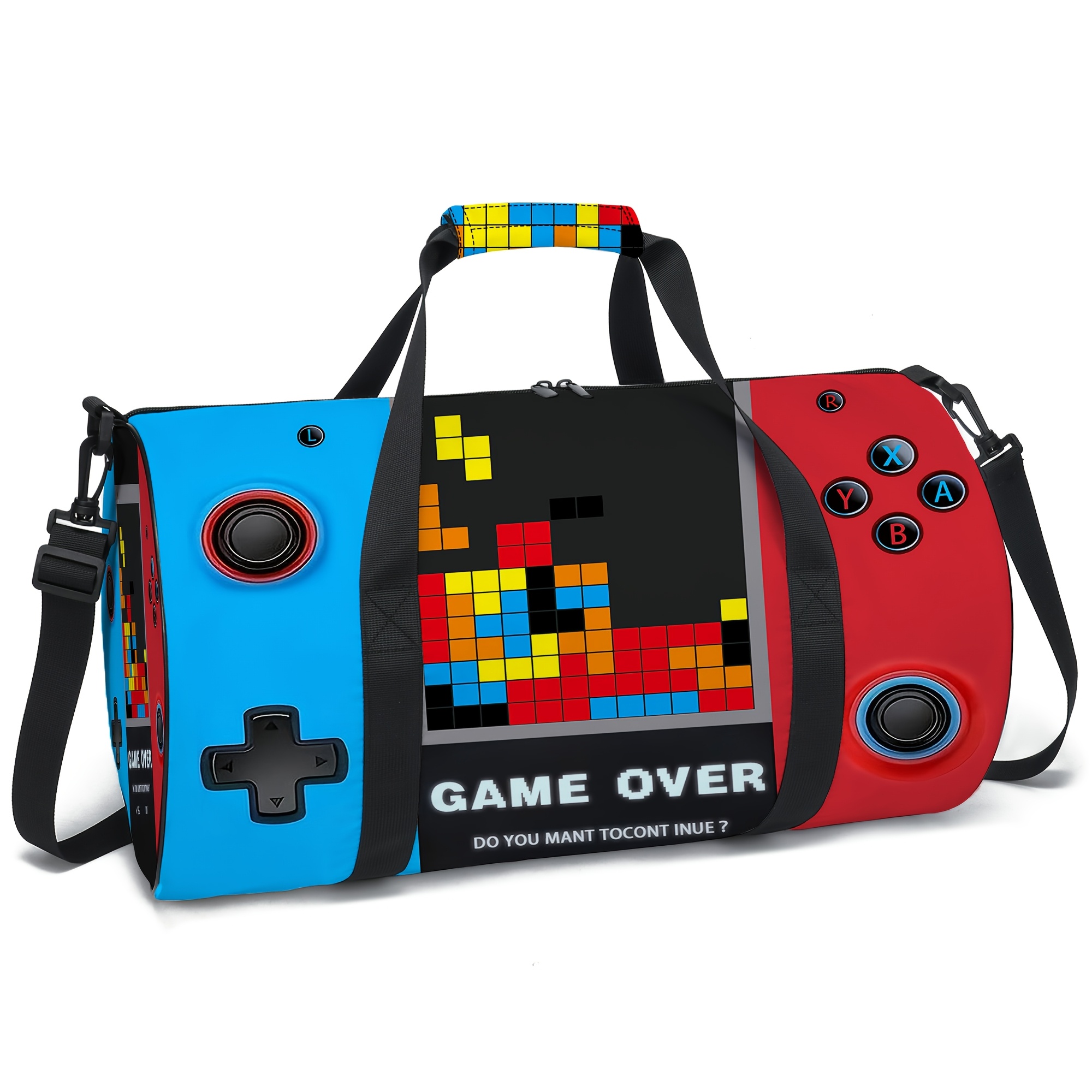 E-shop Reisetasche mit zylindrischem Spielcontroller-Druck, ausgestattet mit einem verstellbaren Schultergurt und einem faltbaren Design, ist der