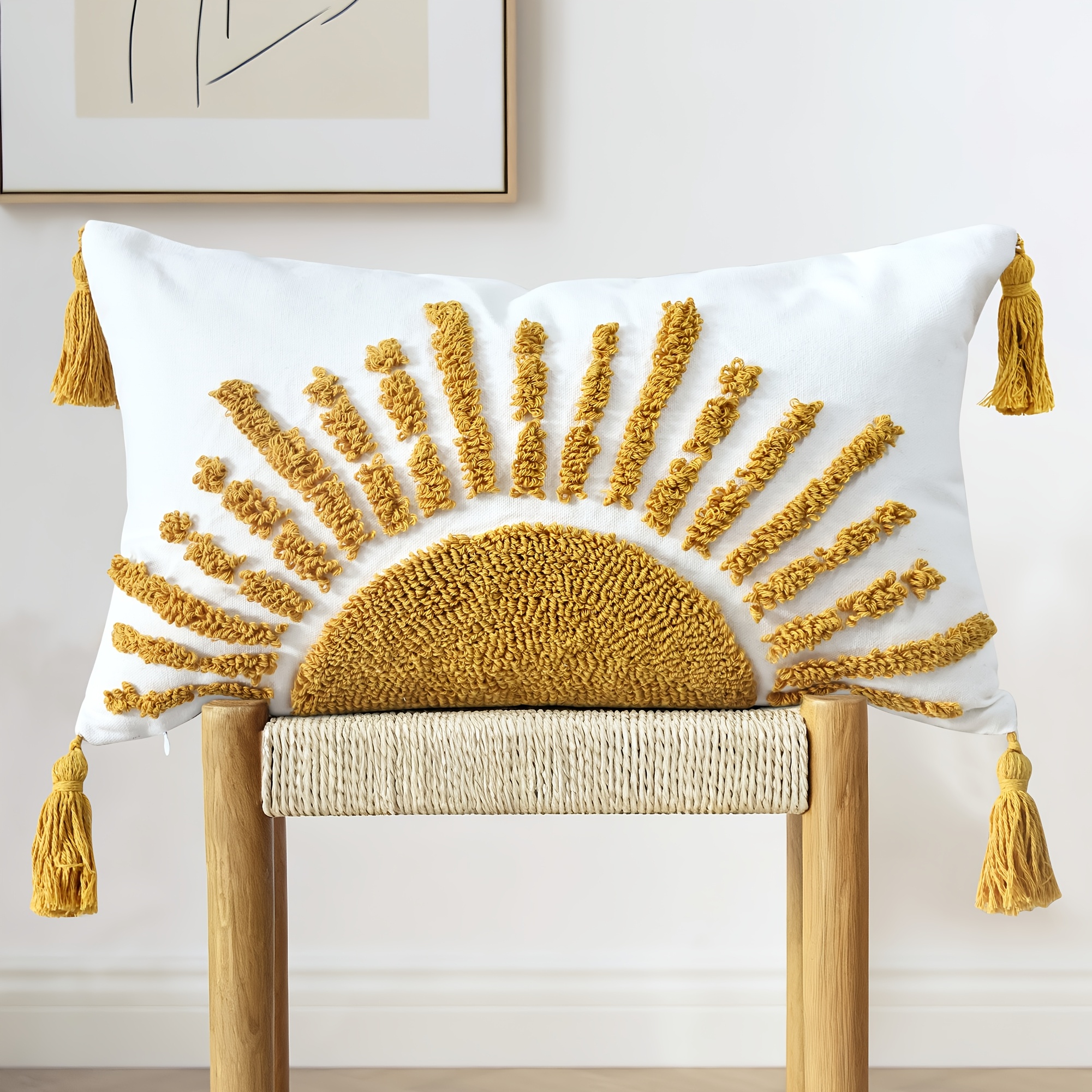 E-shop Boho Deko Gelber Kissenbezug | Tufted mit Quasten, Gesticktes Polyester, Reißverschluss, Ideal für Wohnzimmer, Schlafzimmer und Sofa Home Deko