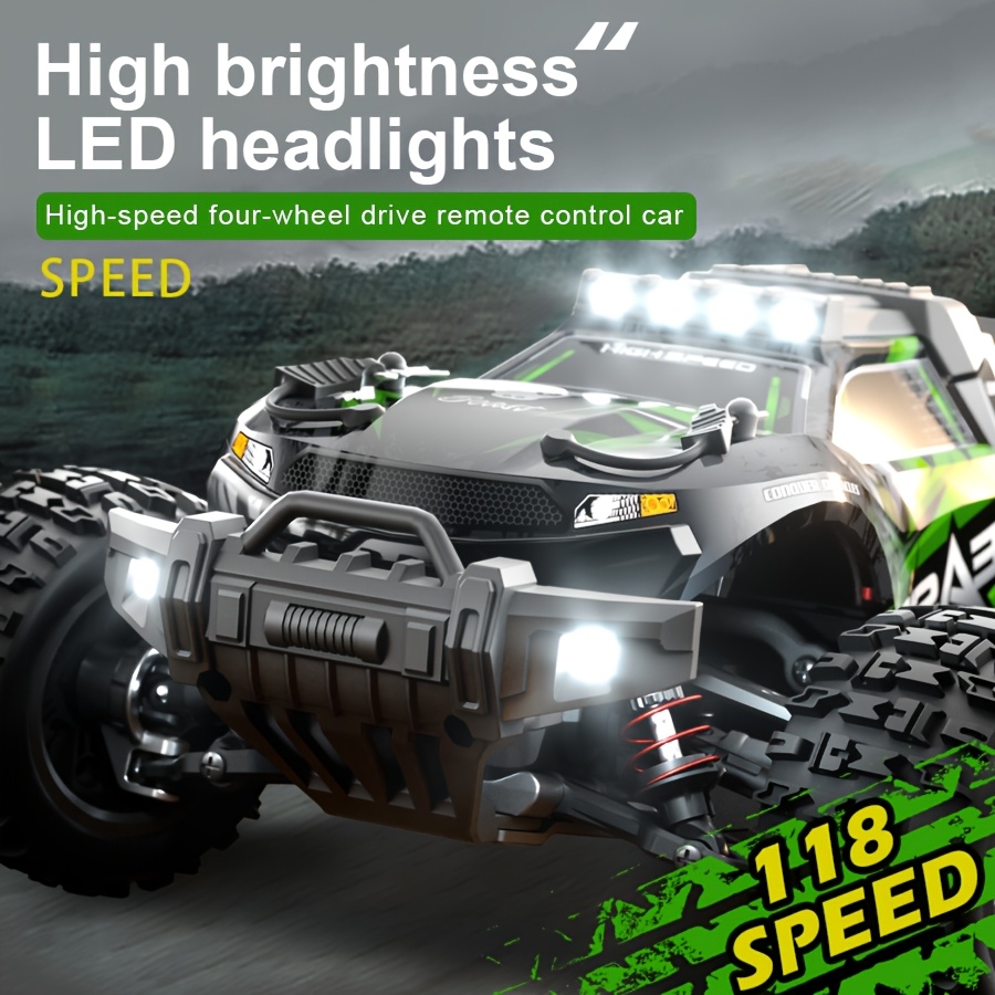 4WD High-Speed RC Off-Roader | 35KM/H Stunt Toy Car With Wheelie Bar & Adjustable LED Lights | 1:18 Scale Model | 7.4V Long-Life Battery | All-Terrain RC Truck For Adults & Kids - Outdoor Gift