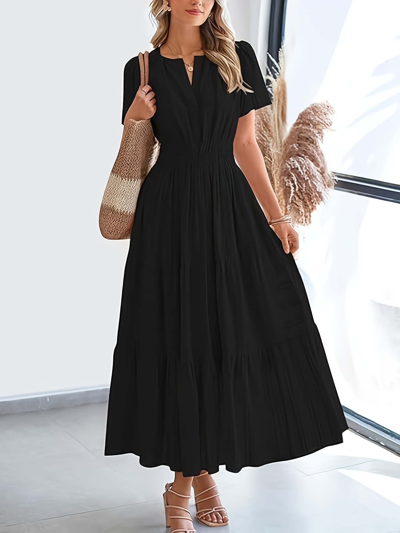 womens dress semian style waist cinching v neck long dress - Temu
