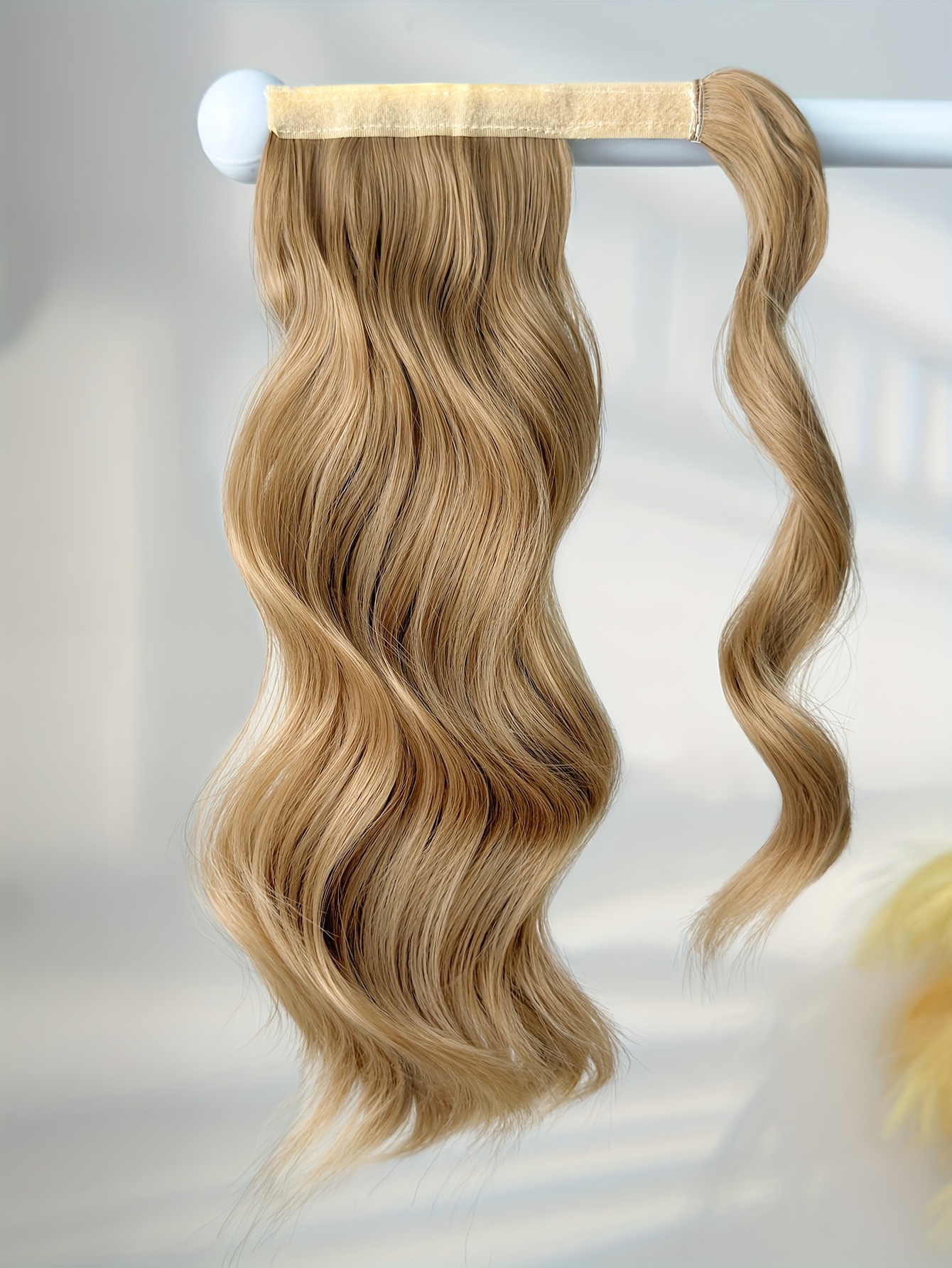 clip style golden ponytail extension wrap - dark brown body wave synthetic hair, 35.56 cm heat-resistant hard hairpiece for women & girls, daily use ponytail wrap for volume & texture, ponytail hair extensions, secure clip attachment details 3