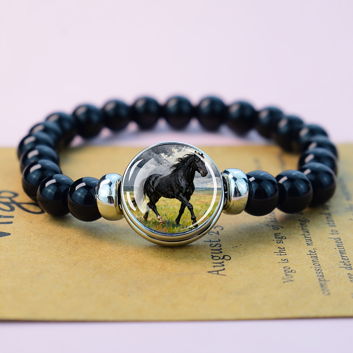 TEMU 1pc Running Design Beaded Bracelet With Glass Cabochon Center Charm For And Animal Enthusiasts