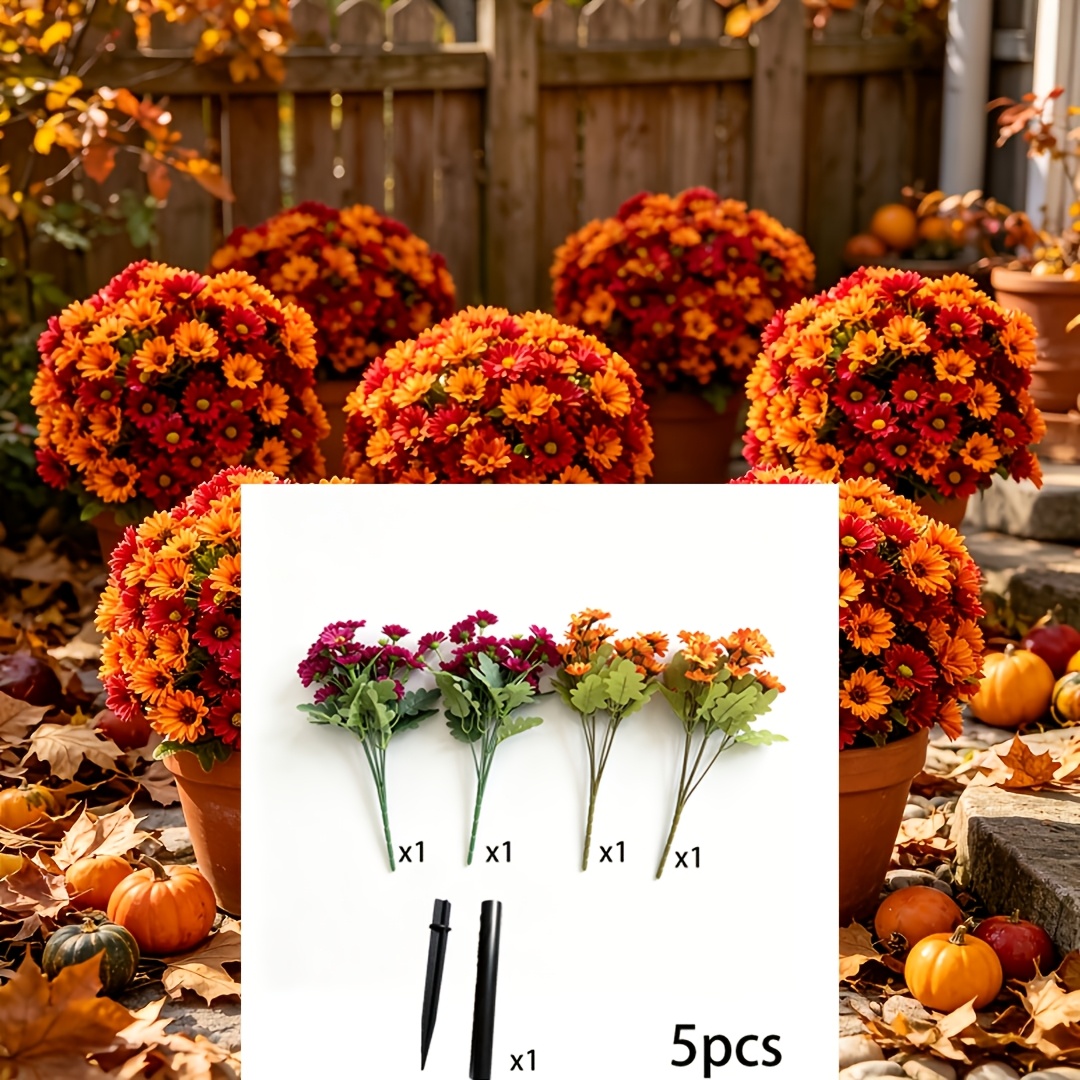 TEMU 5pcs New High-quality Autumn Series Artificial Daisy Decorations - Autumn Home, 50cm/19.68 Inches, Outdoor Courtyard Ground Insert Flower Ball