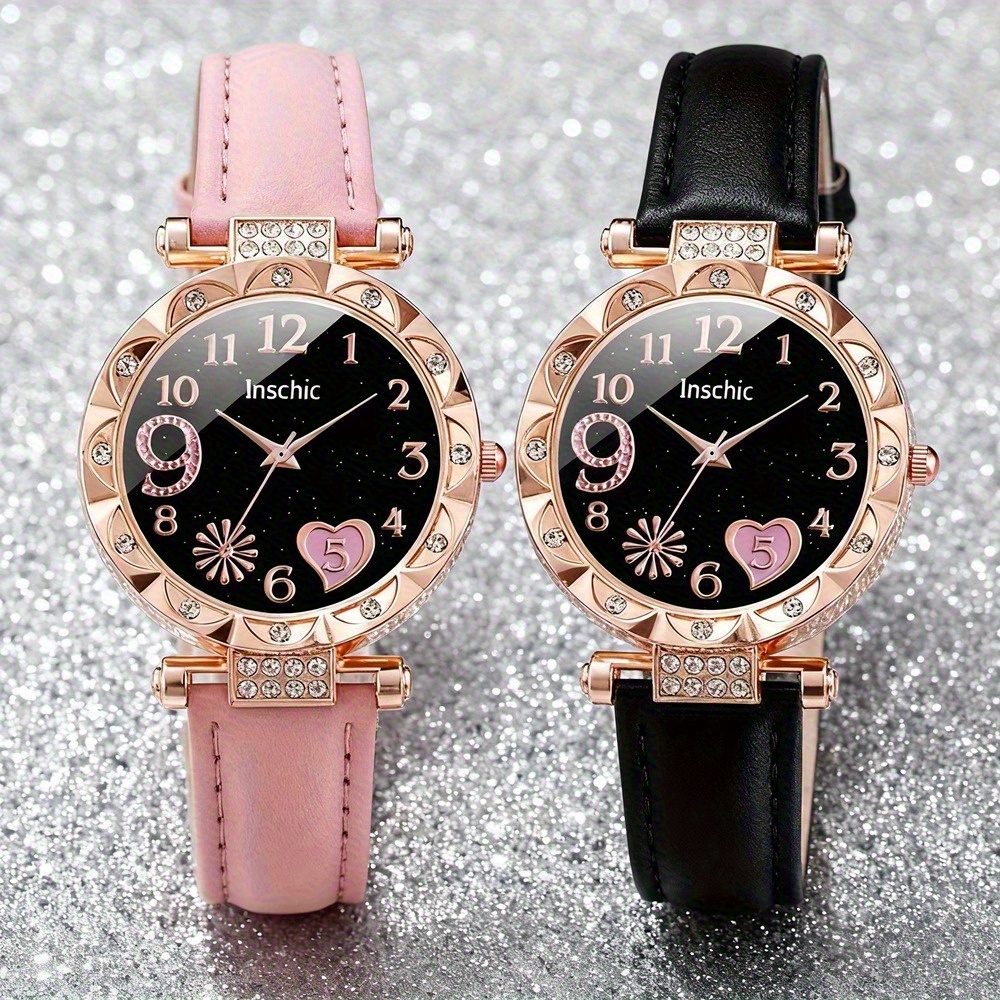 TEMU 2pcs/set Watches, Women's Stylish Watch Set, Elegant Exquisite Fashion Wristwatches With Pu Straps Cute For Ladies