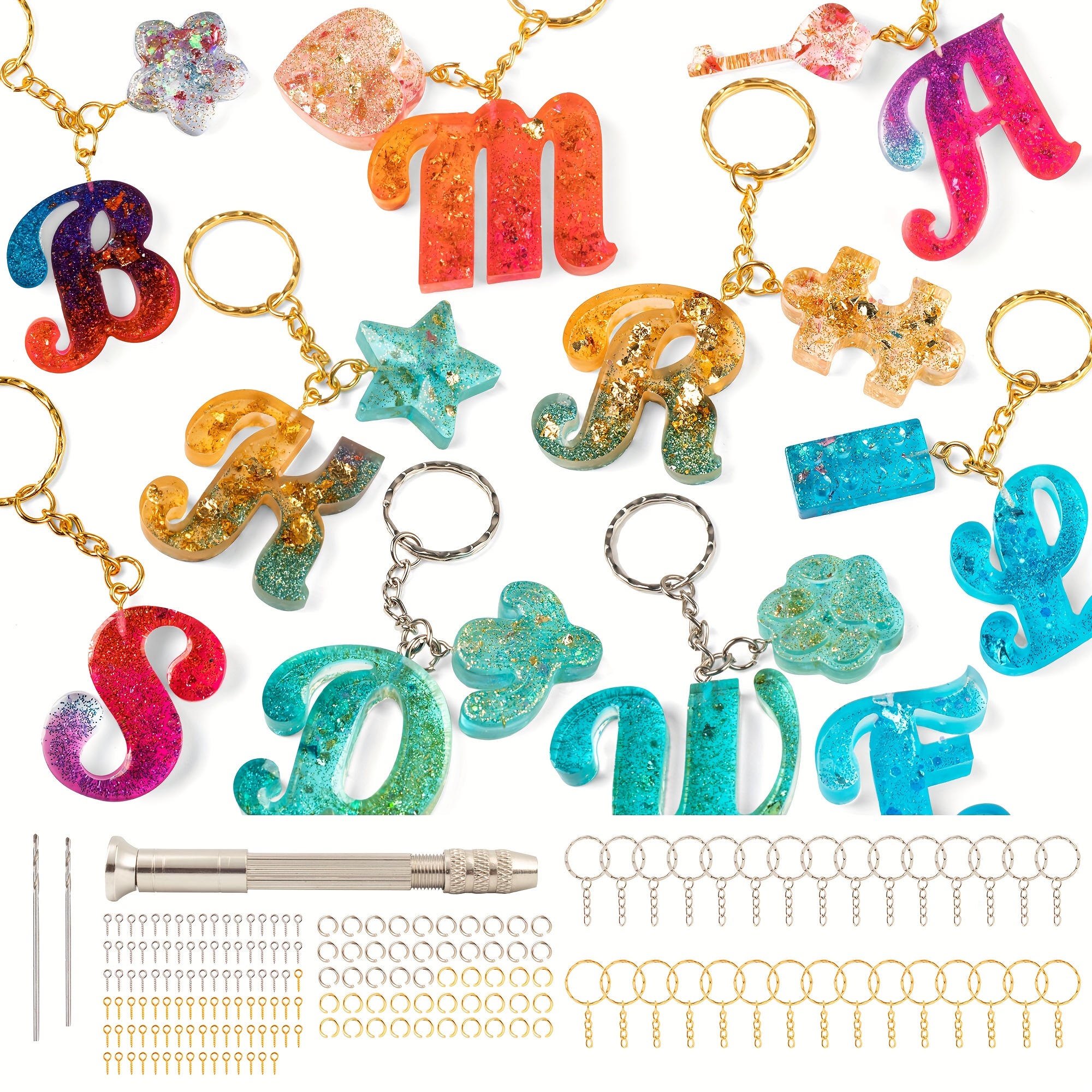 

Mocoosy 182 Pieces Of Fancy Letter Resin Mold Silicone Set, Reverse Letter Key Chain Epoxy Resin Casting Mold, Resin Key Chain Production Set, With 1 Hand Drill, 2 Drills, 30 Key Rings, 100 Screw Pins