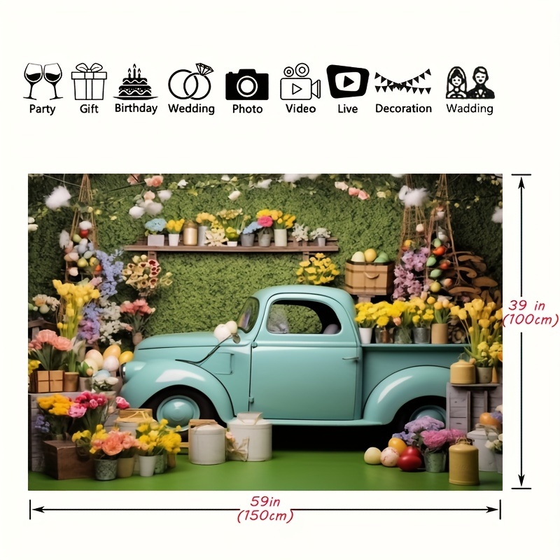 1pc spring easter photography backdrop blue truck colorful eggs flowers rabbit background tulip floral forest party decorations backdrop party photo background table banner extra large wall decor props party supplies