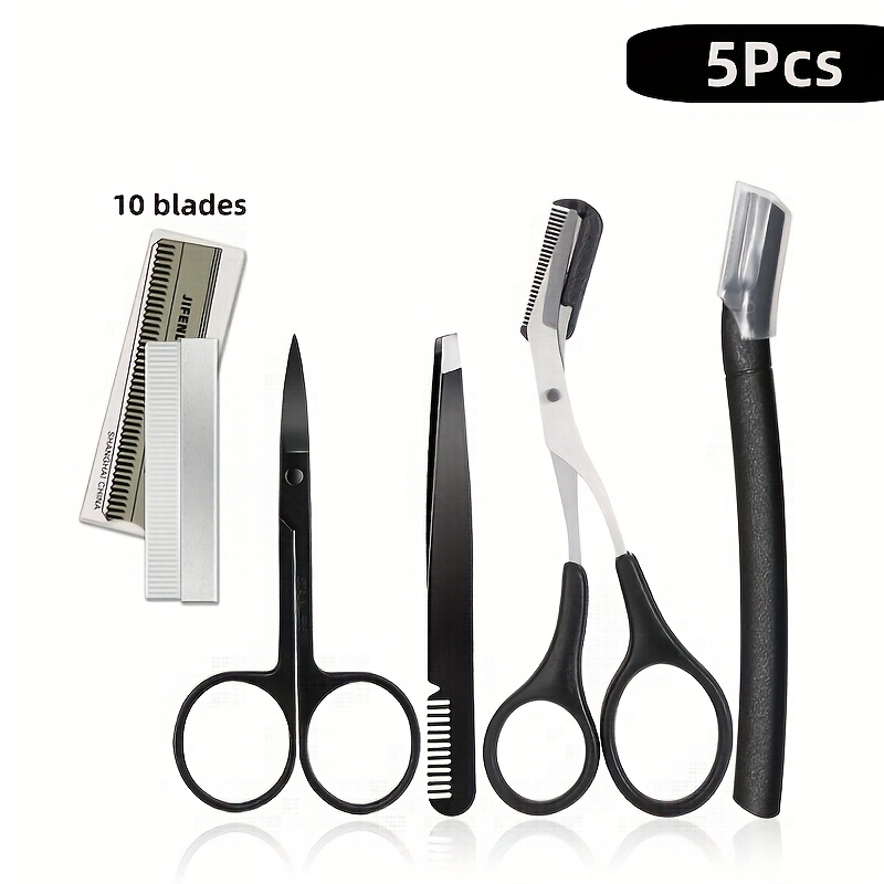 TEMU Eyebrow Trimmer Set, Curved Razor And Scissors With Comb, Non-slip Stainless Steel Facial Hair Removal Tool, Professional Eyebrow Beard Shaving Set, Grooming Additions For Men And Women