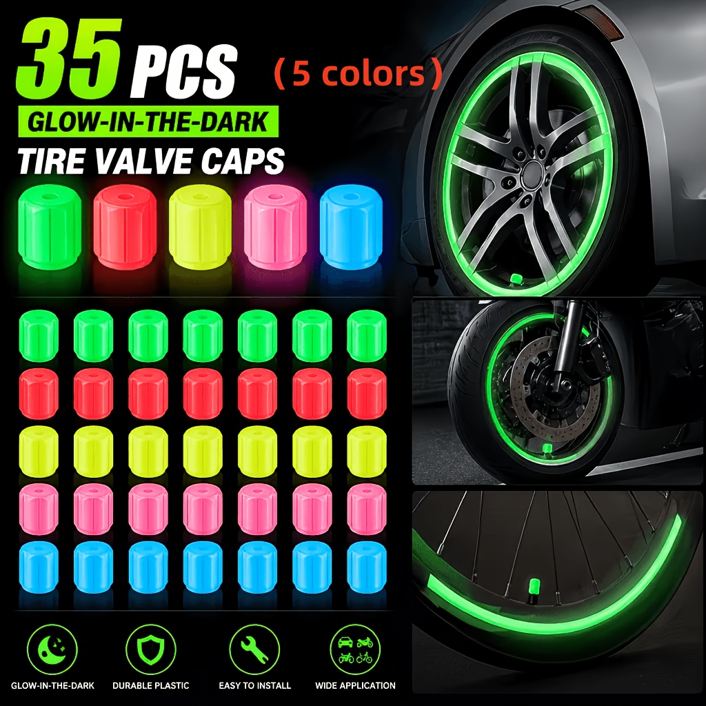 TEMU New Upgraded Luminous Tire Valve Caps, 35-pack, Made Of Durable Materials With Colored Dust-proof Valves. Suitable For Fluorescent Decoration On