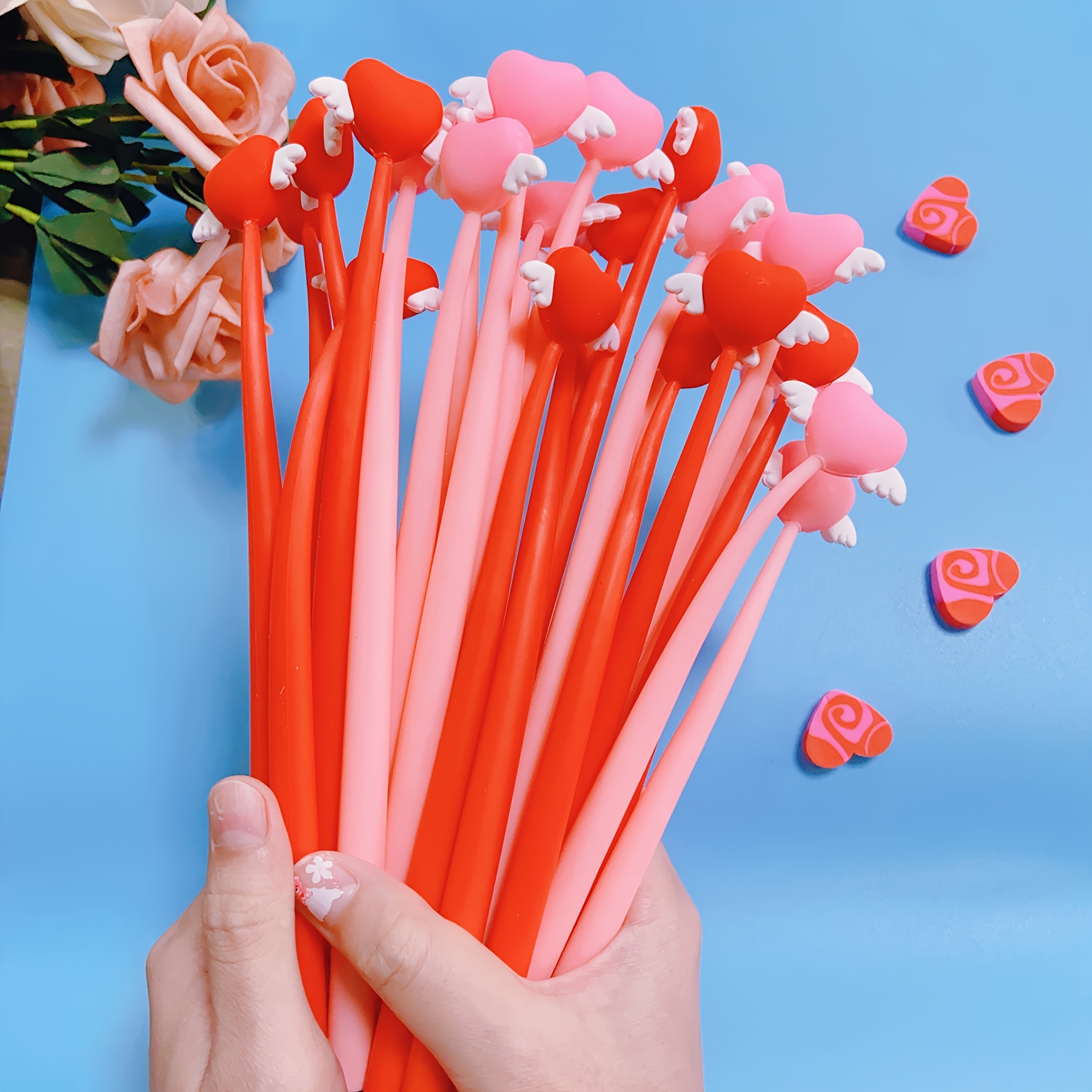 

10/20pcs Love Heart Shaker Pens, Pink & Red, Plastic, No Feathers, Ideal For Valentine's Day, Day, Birthday & Graduation Gifts, Supplies Without Electricity