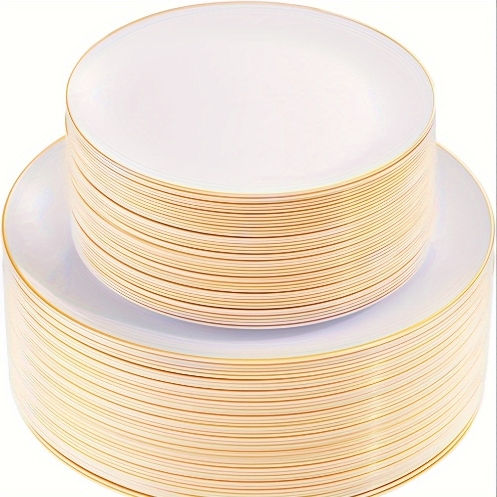 

100-pack Golden Rimmed Disposable Plastic Plates Set | 50 Pcs 10.25" Dinner Plates And 50 Pcs 7.5" Salad Plates | Premium Quality For Party & Wedding | Plastic Material | Elegant Design