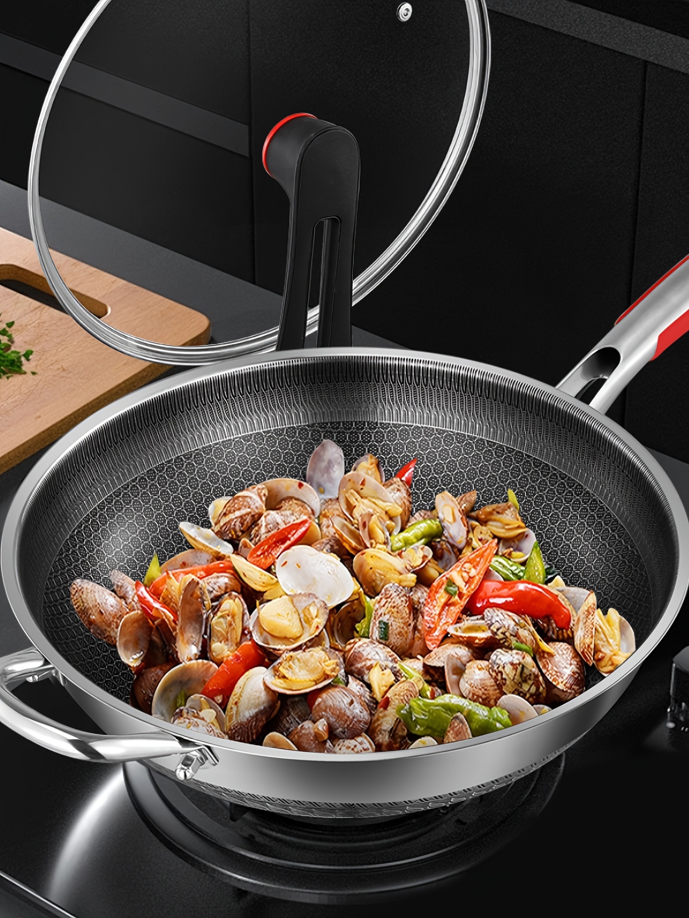 versatile stainless steel wok with glass lid non stick honeycomb design for perfect frying cooking compatible with induction gas stoves   kitchen pan for fish eggs steak 32 34 sizes   household round with handle details 3