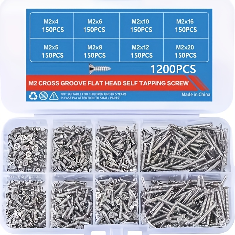 TEMU 1200pcs M2 Self Tapping Screw Combination Kit, Carbon Steel Cross Shaped Small Screws, Size 4mm-20mm, Suitable For Fastening Wooden Boards And
