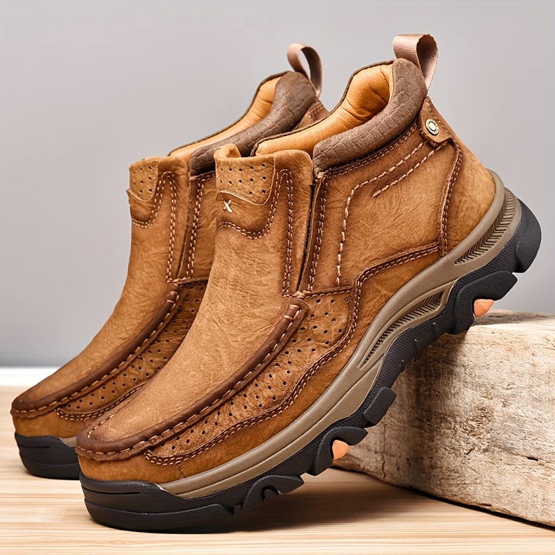 Herr höga läderloafers klassiska slip on vardagsskor för utomhusbruk, vandring, avslappnad klädsel, bekväm ovandel i äkta läder med halkfri gummisula, vardagsskor, slipon loafers, slitstarka gummisuladetaljer 2