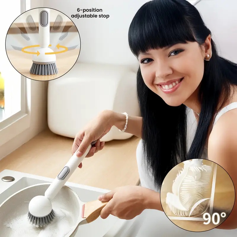 3pcs dish brush set rotating brush with detergent dispenser 2 long handled 90 cup brushes multi functional kitchen cleaning set   removes grease   stains and dead corners details 2