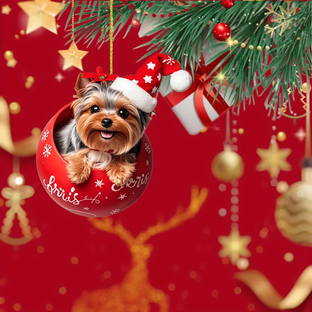 mignon yorkshire terrier en   - décoration de noël 2d pour boule de noël, décoration multifonction pour rétroviseur de voiture, accessoire pour porte-clés, convient pour voiture, sac à  , arbre de noël, cadeau idéal pour anniversaire, thanksgiving, noël 0