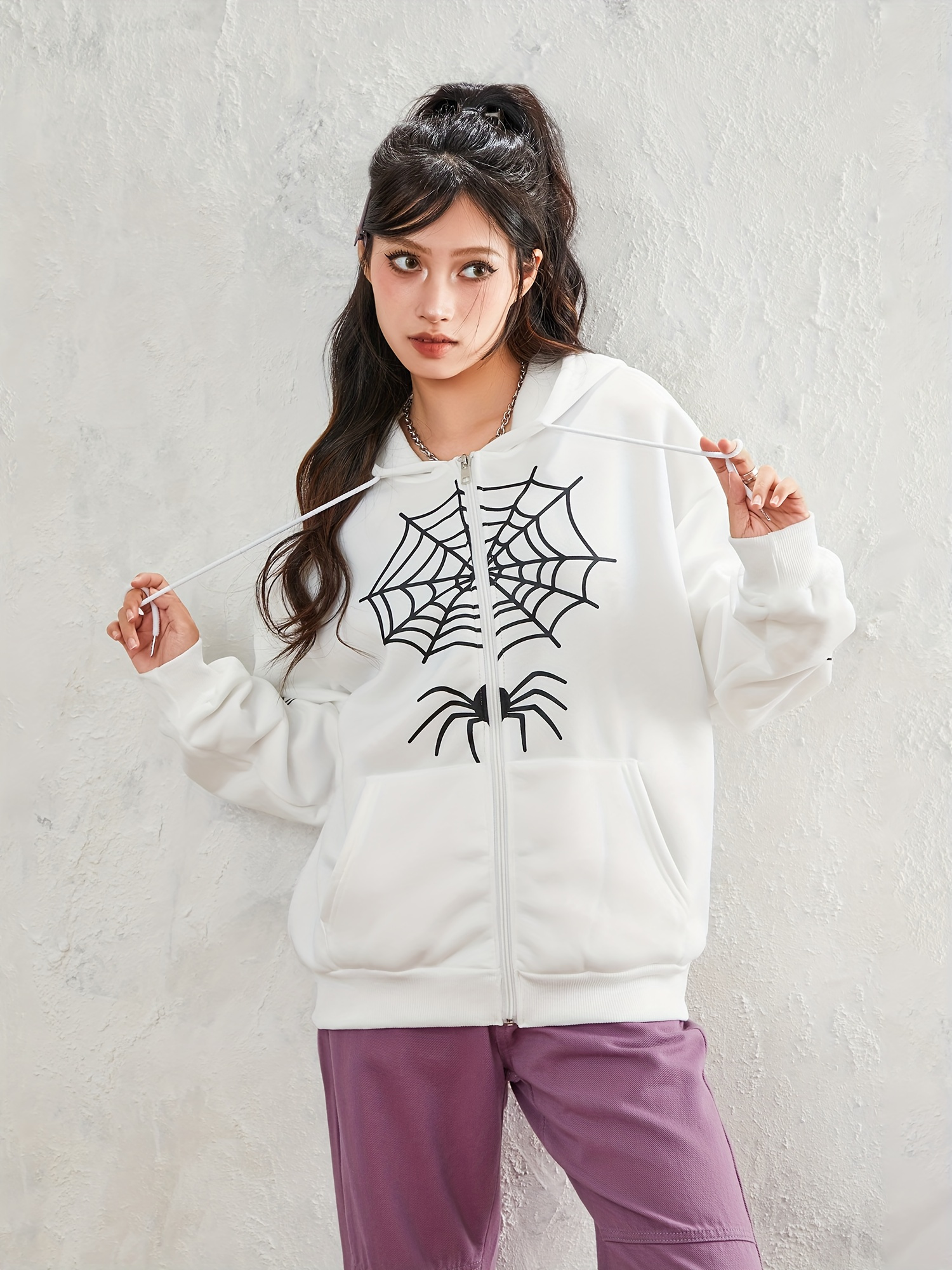 y2 women's punk spider web print zip hoodie black - Temu