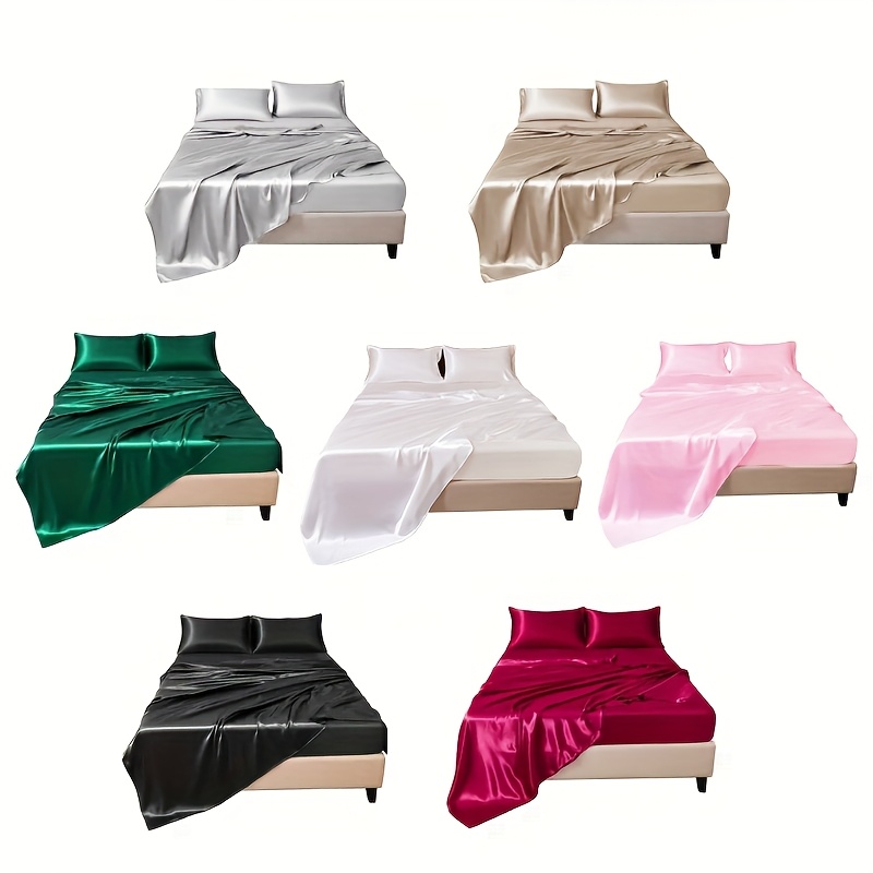 4pcs Comfort Satin Sheet Set - All-Season Versatile Non-Shrink, Ball-Free Machine Washable Luxury Fitted Sheets Soft and Smooth Bedding for Bedroom and Guest Room 1 * Flat Sheet + 1 * Fitted Sheet + 2 * Pillowcases