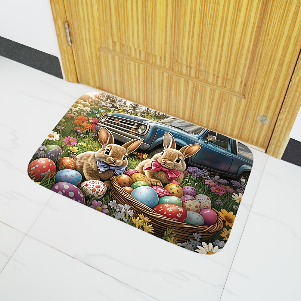 TEMU 1pc Easter Bunny And Easter Eggs Pattern Printing Door Mat For Home Holiday Decor, Home Easter , Machine Washable, Wash Basin Bathtub Side