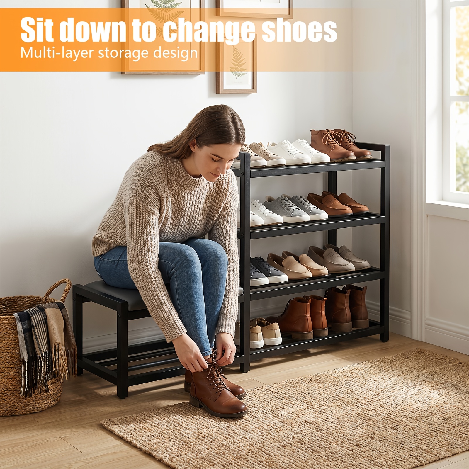 Shoe Storage Bench, 4-Tier Large Capacity Shoe Rack with Comfortable Seat, Industrial Shoe Organizer for Entryway, Black Metal Shoe Shelf Bench for Home Organization