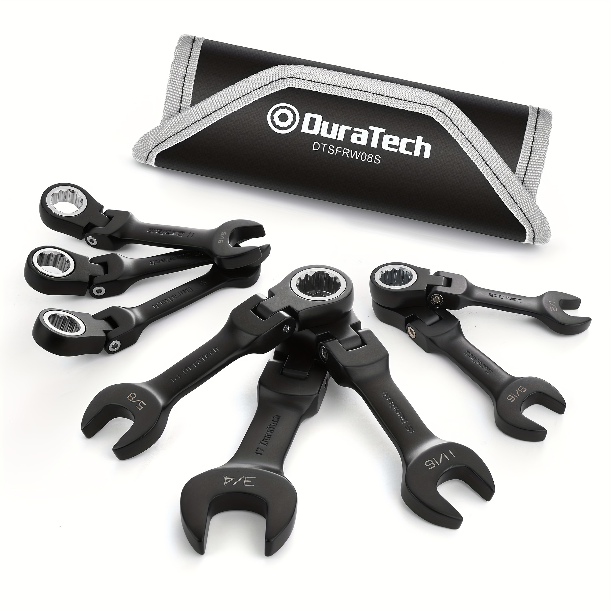 

Duratech Flex-head Ratcheting Combination Wrench Set, Sae, 8-piece, 5/16" To 3/4", Cr-, Black Electrophoretic Coating, With Rolling Pouch