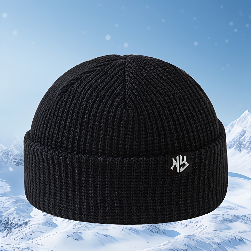 TEMU Fashionable Cloth Label Ny Melon Knit Hat, Outdoor Warm Essential Casual Pullover Hat, Unisex For Autumn Winter, Short Length Hat, Party Holiday