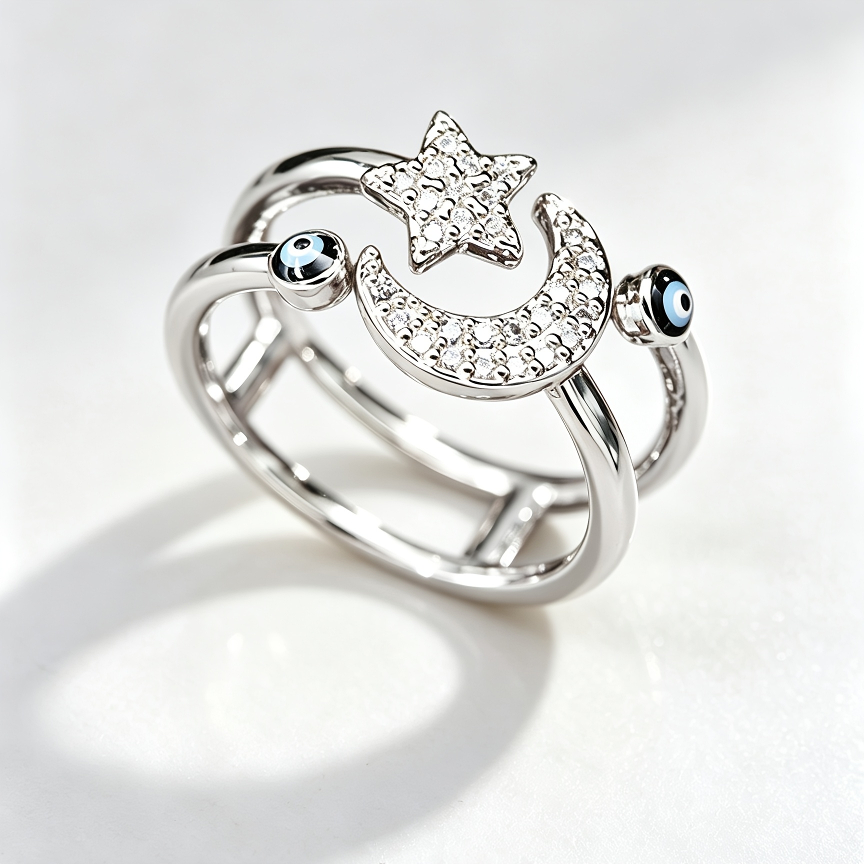 Women's Star Moon Evil Eye Open Ring, Stackable Design