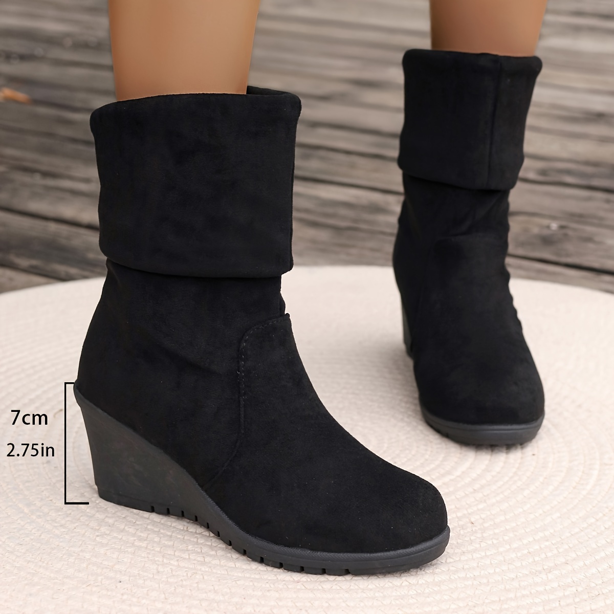 

Women' Mid-calf Boots - Slip-on, Round Toe With Wedge Heel, & Tpr Sole