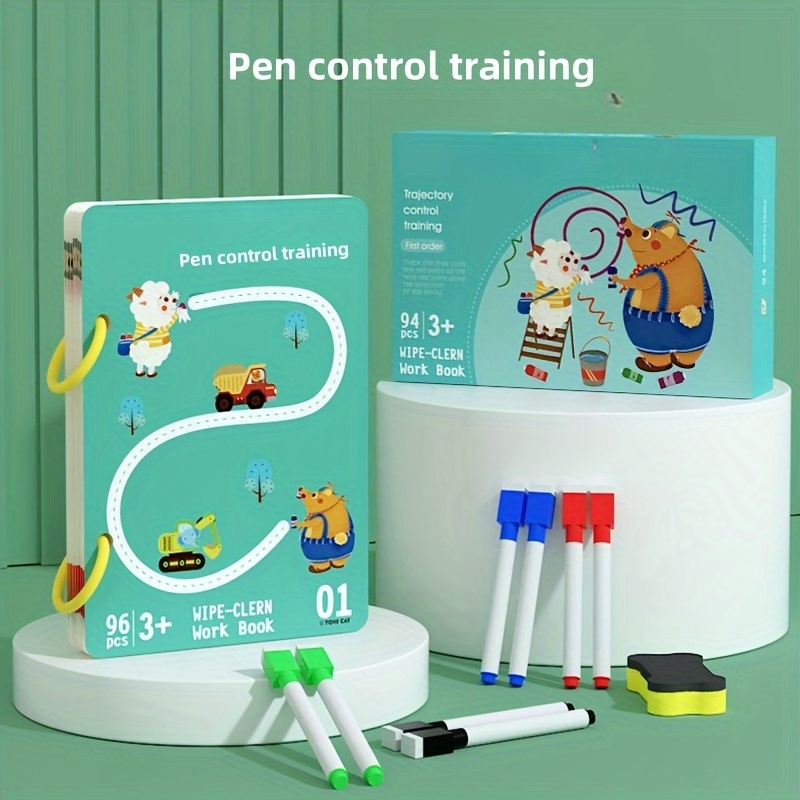 

Reusable Pen Control Practice Book With Erasable Pens & Snap Rings - 32/64/94 Pages, Writing Skills Training For Beginners, Fun Focus Exercises