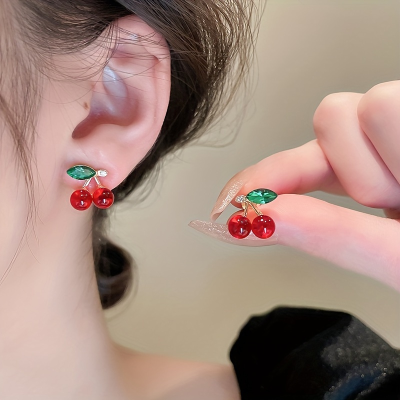 

1 Pair Spring And Summer Series Cute Fruit Shaped Stud Earrings Sweet And Lovely Glass Cherry Shaped Stud Earrings