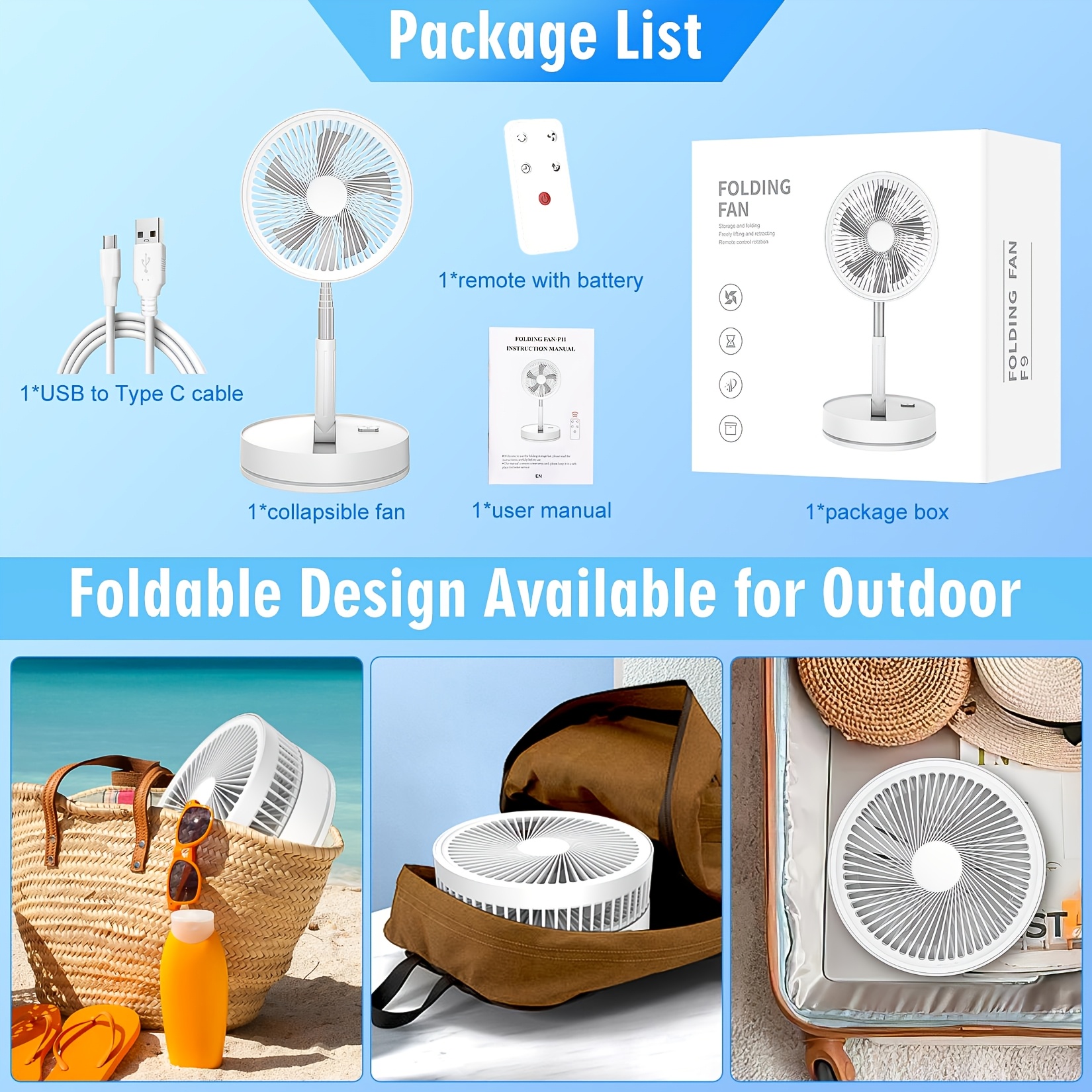 Foldable Floor Fan, Height Adjustable Quiet Portable Cooling Fan, Detachable, 3 Wind Speeds, 8000Mah Rechargeable Battery, 1.5M Charging Cable, Remote Control, Home Air Cooler for Camping Office Bedroom